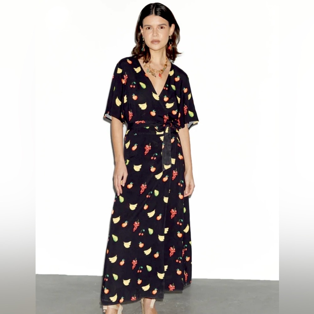 Never Fully Dressed Black Fruit Maxi Wrap Dress, Size Medium, NWT